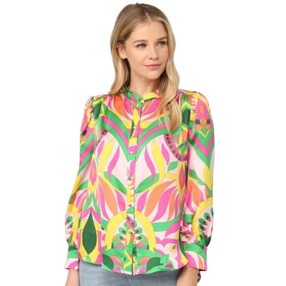 Fate Women Multicolored Pleated Mock Neck Bishop Sleeves Button Front Blouse M - Picture 1 of 7